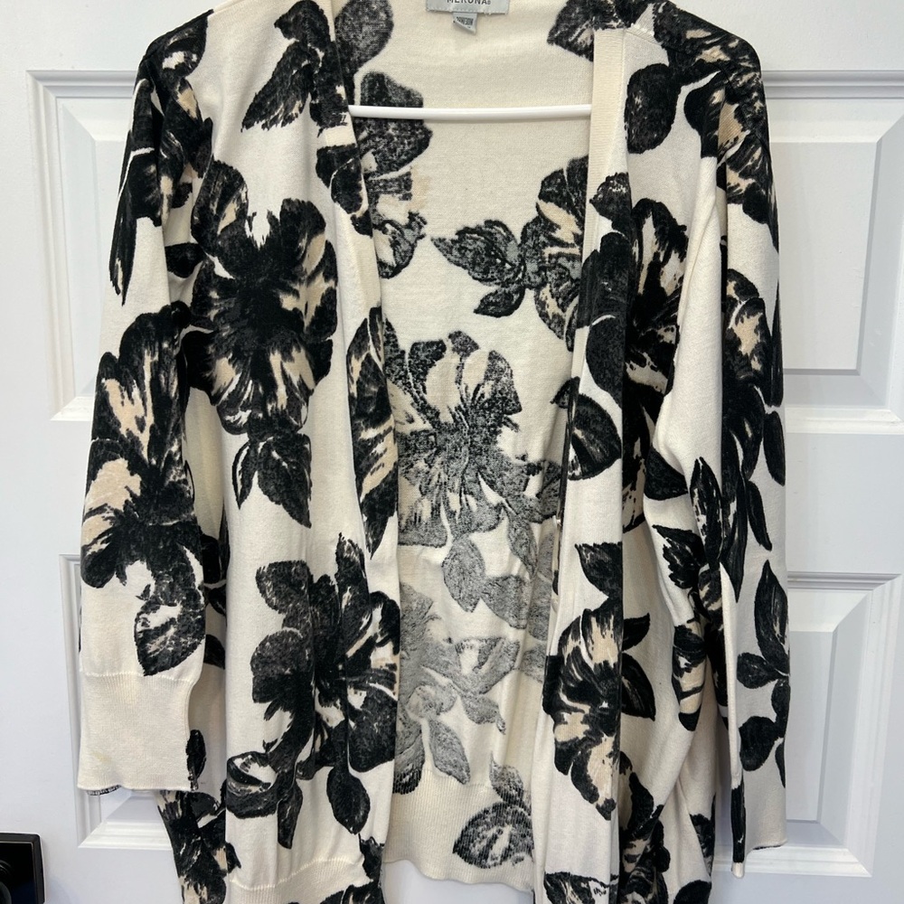 Merona Black and Cream Floral Open-Front Cardigan